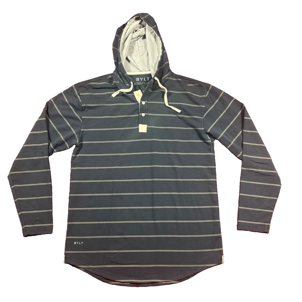 BYLT Hoodie Mens L Navy Striped Henley Drop Cut Lux Hooded Long Sleeve Stretch